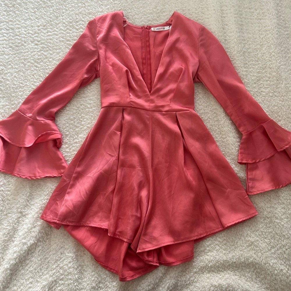 Pink Satin Bell Sleeve Romper